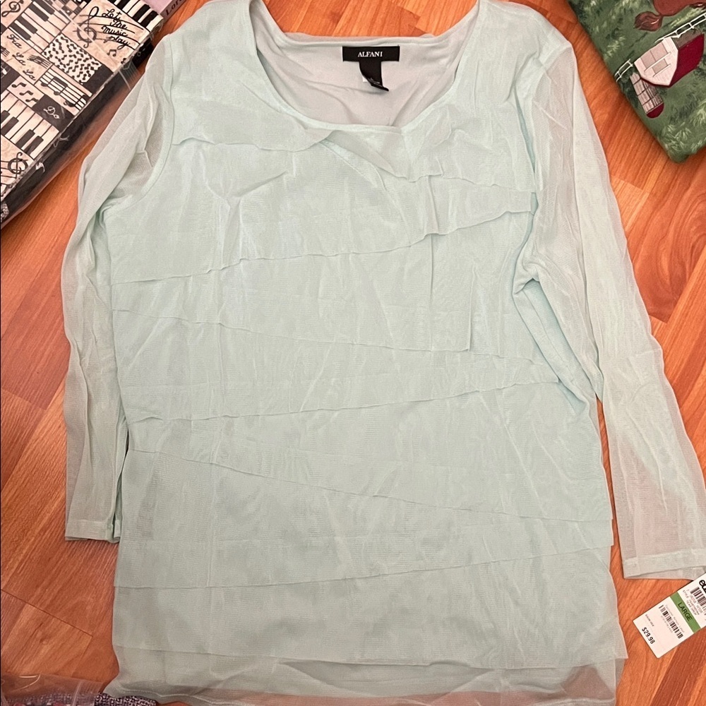 Alfani Mint Sheer Diagonal Layered Long Sleeve Blouse Women's Size L